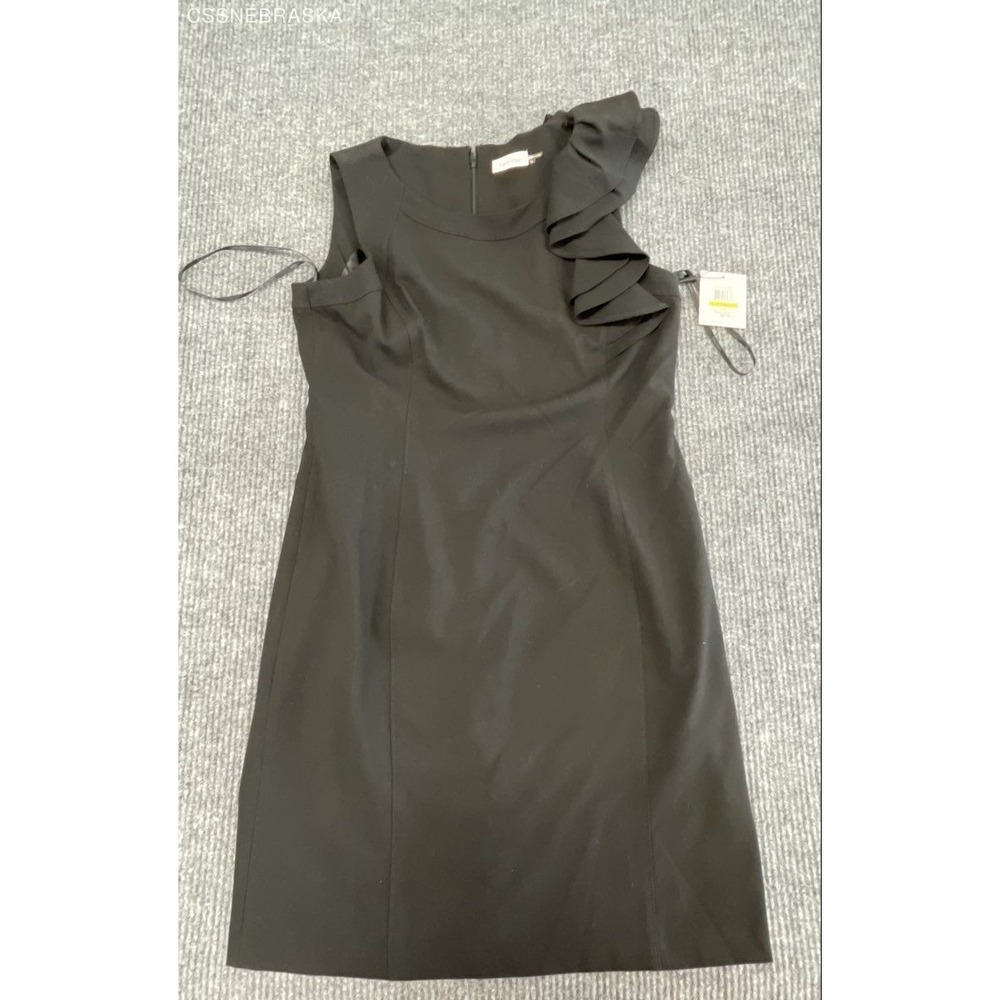 Calvin Klein Women's Black Ruffled Shoulder Sleeveless Sheath Dress Sz 14 NWT